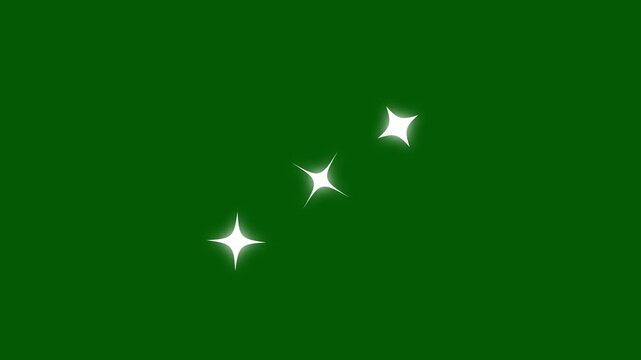 Sparkling star twinkle white cartoon doodle animation, flat vector blinking shining light twinkling effect glowing on transparent green screen background, starry sky festive overlay. 4K