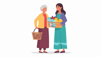 A compassionate young woman provides grocery assistance to a smiling elderly lady, representing volunteer work and community support