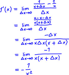 Handwritten blue calculus steps showing the derivative of 1/x using limits and algebraic simplification, ideal for educational, tutoring, and mathematical content.
