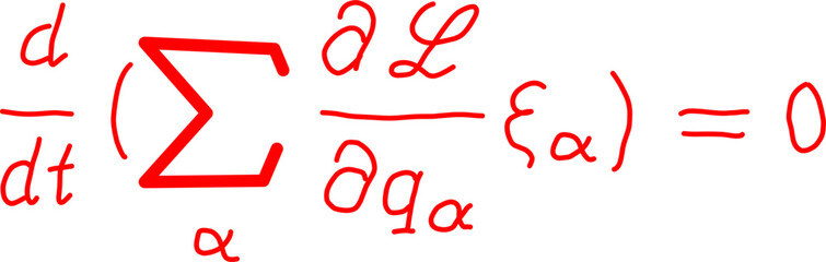 Red handwritten mathematical formula featuring a time derivative and summation, showcasing elegant physics notation ideal for education, science, and academic content.
