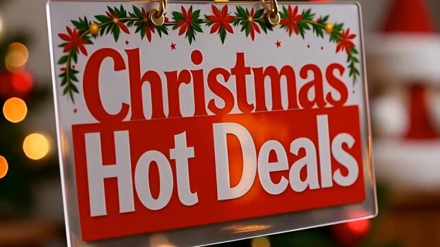 Christmas Hot Deals Sign with Holly and Mistletoe Border, Festive Holiday Promotion Poster, Blurred Santa Background