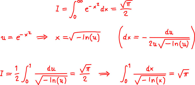 Handwritten red mathematical notes showing integral transformations, substitution steps, and calculus formulas on a white background, ideal for education and STEM content.
