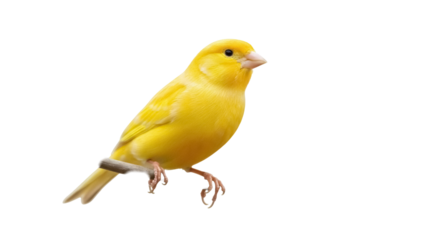 Bright yellow canary bird PNG isolated on transparent background, small pet perched on a branch for design use