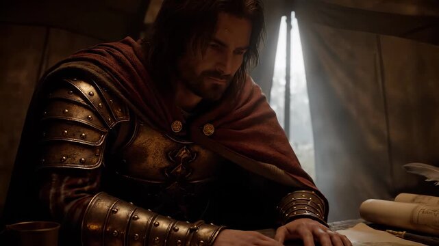 Studying battle map at table. Knight in armor leans forward and points. Scroll and map lie beside quill. Candle flickers across parchment. Warrior commander views plan inside tent. Medieval plan.