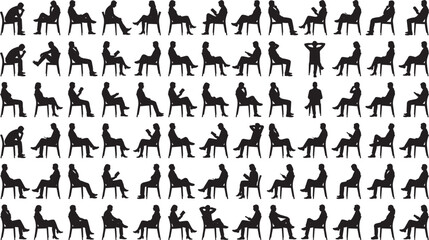 Extensive vector collection of diverse male and female silhouettes sitting in chairs, reading, resting, and using devices, ideal for representing leisure, audience, and quiet activity graphics.