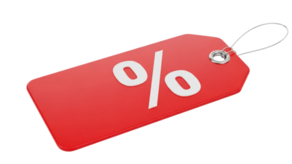 Red price tag with percentage sign isolated PNG, sale discount offer for retail promotion and shopping deals on transparent background