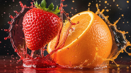 Fresh strawberry and orange slice with splashing juice isolated on white background