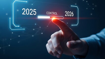 Finger pressing a digital progress bar indicating the transition from 2025 to 2026