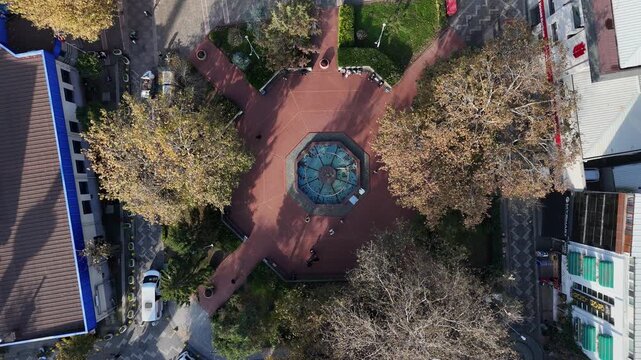 Top view aerial footage of a public park featuring a lake at the center, surrounded by green spaces. Clean urban nature scene suitable for lifestyle, environment, recreation, and city planning concept