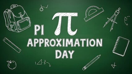 Pi Approximation Day Concept with Backpack, School Supplies, and Mathematical Drawings on a Green Chalkboard