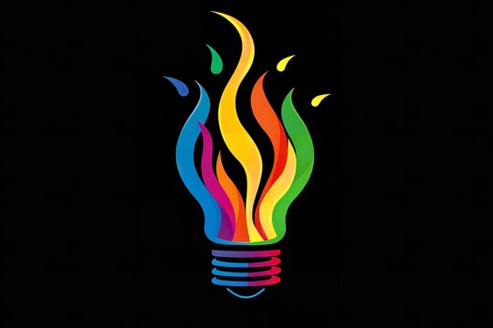 Vibrant rainbow flame illuminates a light bulb shape against a stark black background symbolizing creativity