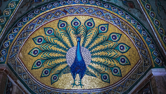 Intricate Peacock Mosaic Art in an Ornate Architectural Arch.