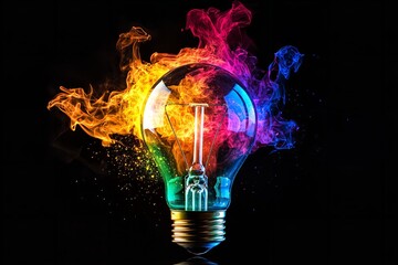 Vibrant rainbow colored smoke erupts from a glowing incandescent light bulb against a dark background