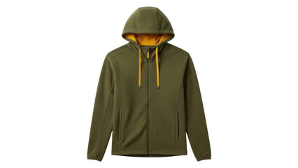 Olive green hooded fleece jacket isolated PNG, casual outerwear for outdoor activities and everyday wear on transparent background