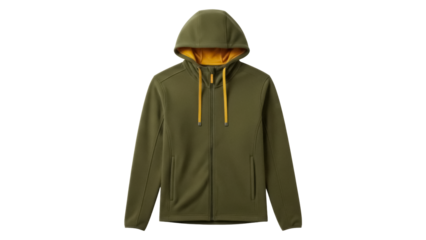 Olive green hooded fleece jacket isolated PNG, casual outerwear for outdoor activities and everyday wear on transparent background