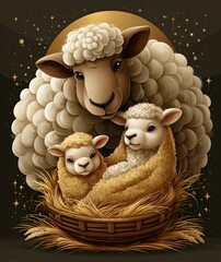 A Sweet simplified vector Nativity reinterpreted with fluffy stylized sheep parents and a tiny lamb in a soft straw cradle.