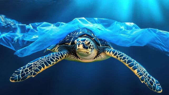 A sea turtle gracefully swims through the ocean, surrounded by blue waters and a hint of icebergs.