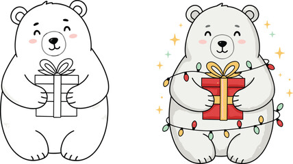 Christmas bear gift illustration, festive outline and color character graphic, holiday lights artwork, cheerful seasonal design, cartoon winter visual