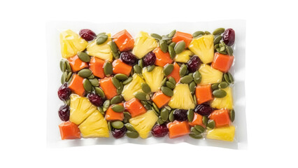 Tropical fruit mix PNG isolated on transparent background, diced pineapple papaya cranberries and pumpkin seeds for healthy snack