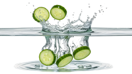 Fresh cucumber slices dropping into water creating dynamic ripples and splashes on black