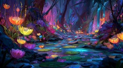 Obraz premium A vibrant fantastical forest scene with glowing flora and a flowing stream