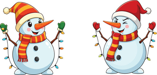 Christmas snowman illustration, festive winter character graphic, holiday lights artwork, cheerful seasonal design, cartoon snow figure celebration visual