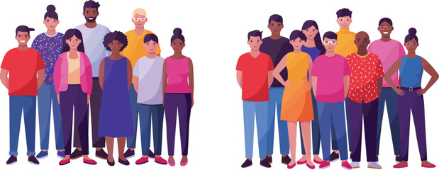 Community diversity illustration, inclusive character graphic, casual group artwork, cheerful social design, cartoon representation visual set, unity and inclusion
