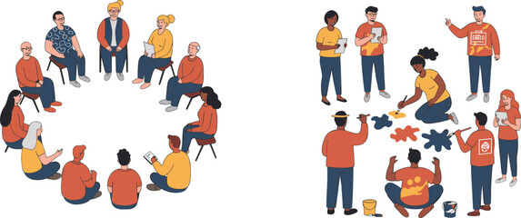 Community engagement illustration, creative collaboration character graphic, group discussion and art activity artwork, cheerful social design, cartoon teamwork visual