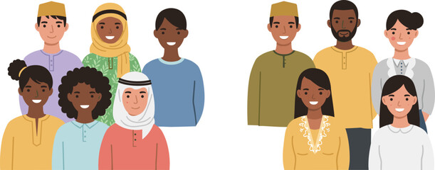 Cultural diversity illustration, inclusive character graphic, traditional and modern clothing artwork, cheerful community design, cartoon multicultural visual set