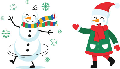 Dancing snowman illustration, festive winter character graphic, Christmas celebration artwork, cheerful seasonal design, holiday snow figure visual