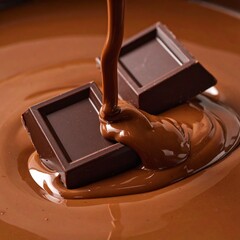 Food photography: A still life of two dark chocolate pieces partially submerged in glossy, flowing hot fudge or chocolate sauce, soft lighting highlighting the shine and depth, intense brown colors.