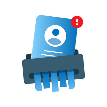 illustration of an ID card in a shredder with exclamation mark. account deletion warning, identity removal, data privacy alert, and user account termination notice. for UI UX interfaces