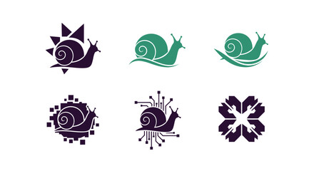 Six snail-shaped graphics, some with geometric shapes or technological elements, on a white background © Sendal