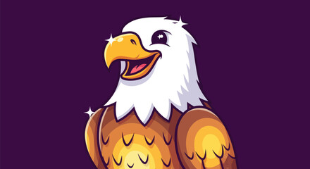 Cartoon eagle, smiling, with white head, yellow beak, brown body, and starry highlights, on purple