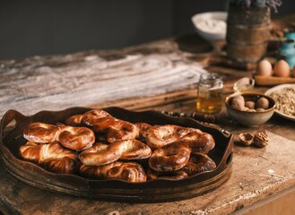 In a cozy Romanian ethnographic kitchen, a clay oven is baking fresh braided colaci and moldavian...
