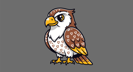 Cartoon hawk illustration on gray background; brown and white feathers with yellow beak and feet
