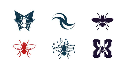 Six stylized insect logos bee, fly, with tech elements and abstract shapes, set against white © Sendal