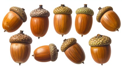 A collection of ten ripe acorns, brown and capped, against a clean white backdrop