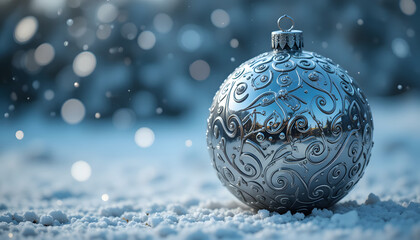 silver christmas ball on snow. holiday background