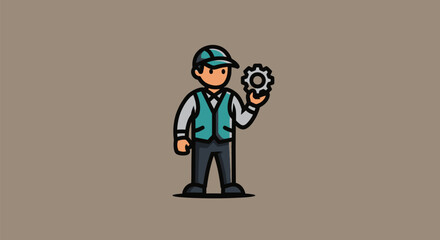 A cartoon mechanic with a teal cap and vest holds up a gear on a solid background