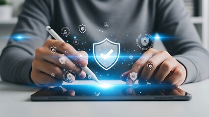 Businessman holding digital tablet displaying social network communication concept