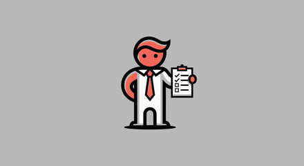 Cartoon man in a suit holding a clipboard with checklist, red hair and tie, gray background