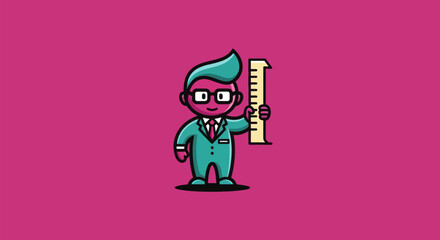 Cartoon businessman holds a ruler on a pink background. Vector illustration