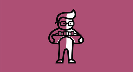 Stylized figure with glasses holding a bridge-like structure with vertical bars on a maroon background