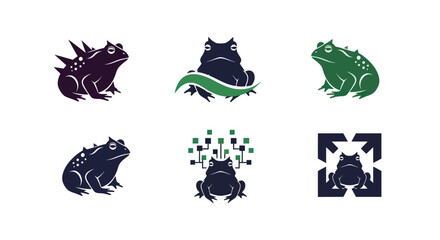 Six stylized frog illustrations in varying colors and designs, on a white background