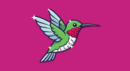 A cartoon hummingbird with green feathers, red throat, & white accents on a magenta backdrop