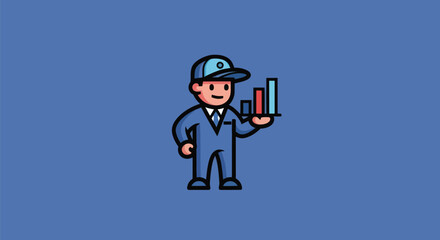 Cartoon figure in blue suit and cap holding a graph on a blue background