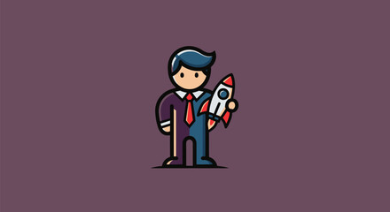 Cartoon businessman with suit holds rocket on purple background. Simple illustration