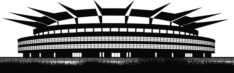 Modern stadium silhouette, futuristic arena architecture, circular sports venue design, contemporary athletic building illustration, unique roof structure, bold black and white architectural graphic