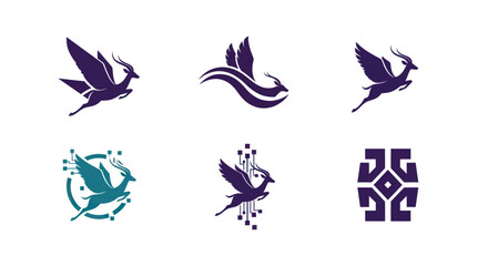 Six stylized logos featuring a winged deer or antelope with geometric and technological elements